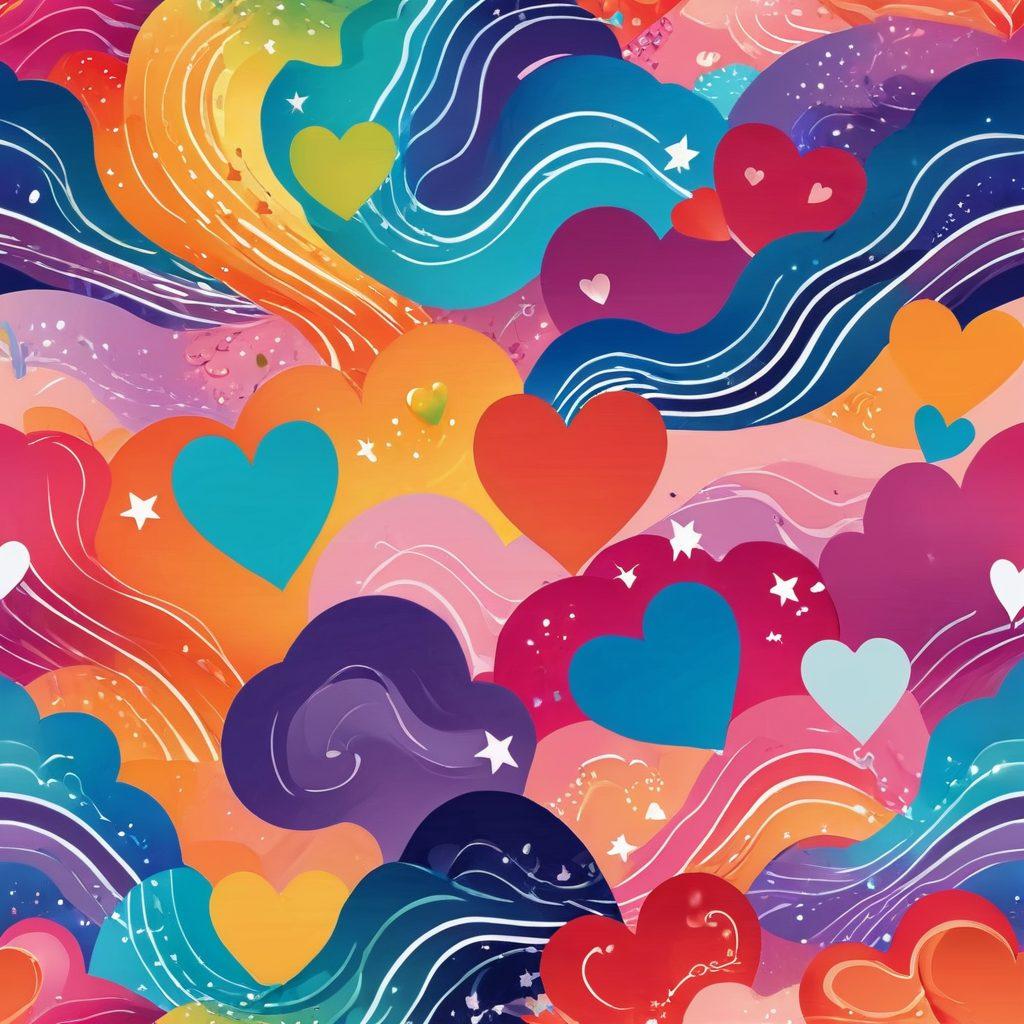A playful and colorful representation of the spectrum of joy in adult content, featuring abstract designs that symbolize sensuality and fun, with whimsical patterns and playful icons like hearts, stars, and vibrant waves. Capture a feeling of light-heartedness amidst erotic themes. Include a soft gradient background transitioning from warm to cool colors. vivid colors. abstract art.