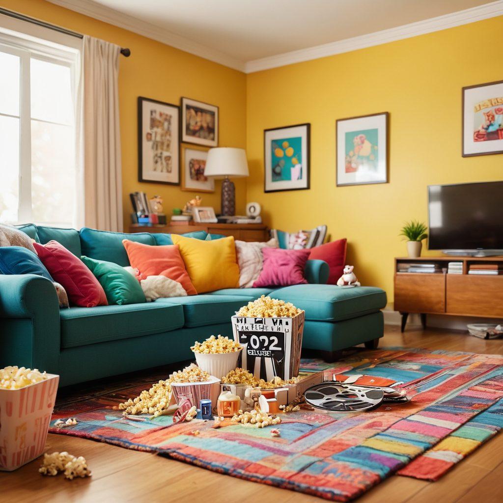 An open film clapboard featuring colorful film reels, surrounded by playful cartoonish characters representing laughter and joy. In the background, a cozy living room scene with a plush couch and popcorn scattered around, evoking a fun movie night atmosphere. Bright, cheerful colors with whimsical elements that suggest lightheartedness and humor. cartoon style. vibrant colors.