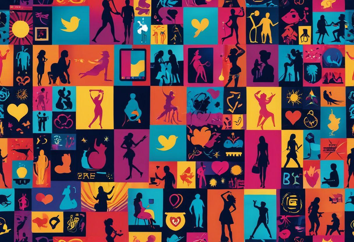 A colorful, vibrant collage showcasing various aspects of adult entertainment culture, including playful silhouettes, abstract representations of joy and intimacy, and elements of digital media like smartphones and streaming icons. The scene should convey a sense of exploration and curiosity, featuring a fusion of light-heartedness and allure. Emphasize a joyful atmosphere with bright colors and soft gradients. vector art. vibrant colors. playful style.